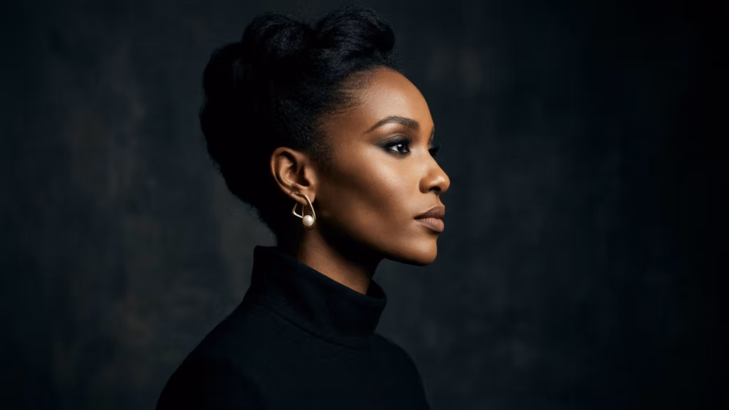 This high-end editorial portrait, captured with an 85mm prime lens for optimal focal length and compression characteristic of professional DSLR photography, showcases a woman in a striking profile pose. The lighting is masterfully executed using a soft, directional studio light from the side, creating dramatic chiaroscuro effects that sculpt the elegant lines of her jaw and cheekbones. Her complexion is flawless, boasting a rich, deep skin tone with a subtle, natural luminescence that catches the light along her profile. She is dressed in a minimalist black turtleneck made of fine-gauge knit, complemented by a contemporary, sculptural gold earring featuring a singular pearl, adding a touch of sophisticated hardware. The subject is set against a moody, textured dark grey background, which lends the composition a timeless, noir-inspired aesthetic. Every detail, from the precise definition of her features to the depth of the shadows, emphasizes a sense of refined power and quiet poise.