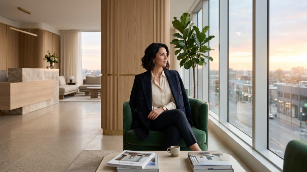 A sophisticated editorial photograph captured with a 35mm lens, presenting a cinematic, high-resolution DSLR aesthetic. A woman with an elegant, composed posture sits in a lush green velvet armchair within a modern, upscale interior. The lighting is soft and natural, diffused through floor-to-ceiling windows that offer a panoramic view of a city at dusk, casting a warm, ambient glow that highlights her refined facial features and poised silhouette. Her attire consists of a tailored navy blazer draped over a crisp, cream-colored silk blouse, reflecting a professional and luxurious aesthetic. The interior design features minimalist, warm-toned wood panelling and sleek architectural lines, creating a serene, high-end atmosphere. Her skin appears clear and luminous under the soft sunset light. In the foreground, a low coffee table holds curated art books and a simple ceramic mug, grounding the composition. The overall mood is one of quiet power, modern luxury, and aspirational sophistication.