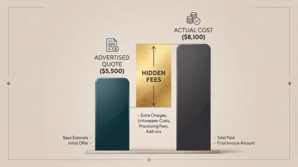 A clean, professional 2D infographic titled 'Hidden Fees' illustrating a financial discrepancy. The graphic uses a minimalist, corporate aesthetic with a neutral beige background and a classic editorial layout. It features a bar chart comparison: a dark teal bar labeled 'ADVERTISED QUOTE (,500)' on the left, a taller, dark grey bar labeled 'ACTUAL COST (,100)' on the right, and a gold-textured rectangular segment in the middle highlighting 'HIDDEN FEES'. Crisp typography, subtle shadow gradients, and clean icon sets indicate a high-resolution, vector-style digital illustration designed for financial communication.