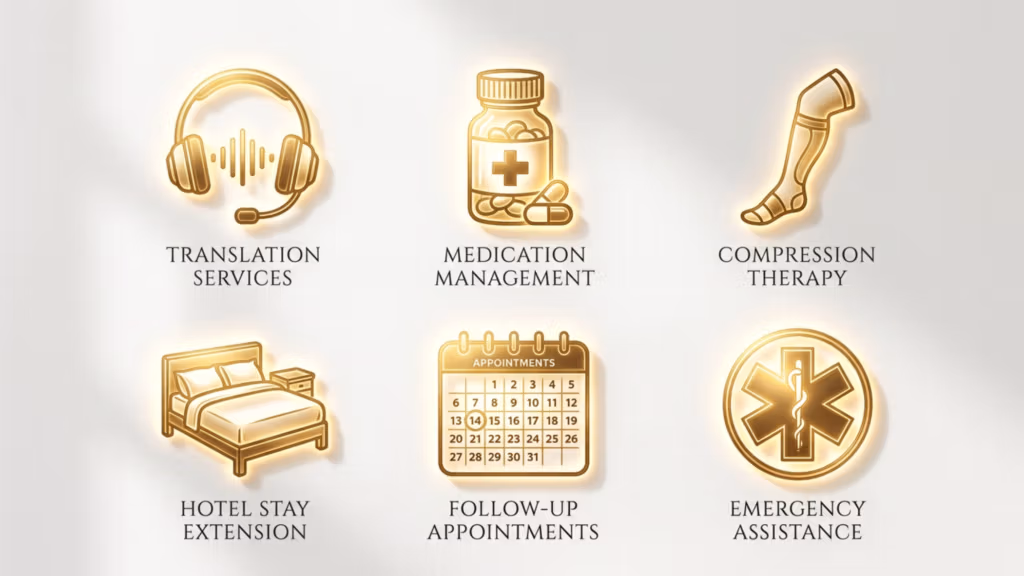A digital graphic design in a 4K, high-resolution DSLR photography style, featuring a collection of six gold-toned, embossed icons set against a clean, off-white textured background. The visual composition employs a soft, cinematic lighting scheme where a gentle side-light casts subtle, elegant shadows behind the icons, giving them a three-dimensional, floating effect. The icons represent various medical concierge services, rendered with precise line art and a metallic, glowing luminescence that highlights their edges. The icons include: a headset for translation services, a bottle of medication, a leg sleeve for compression therapy, a bedroom setup for hotel stay extension, a monthly calendar for follow-up appointments, and the Star of Life symbol for emergency assistance. The overall aesthetic is professional, luxurious, and clinical, with each element meticulously rendered to suggest premium healthcare support, emphasizing a sophisticated and organized visual identity.