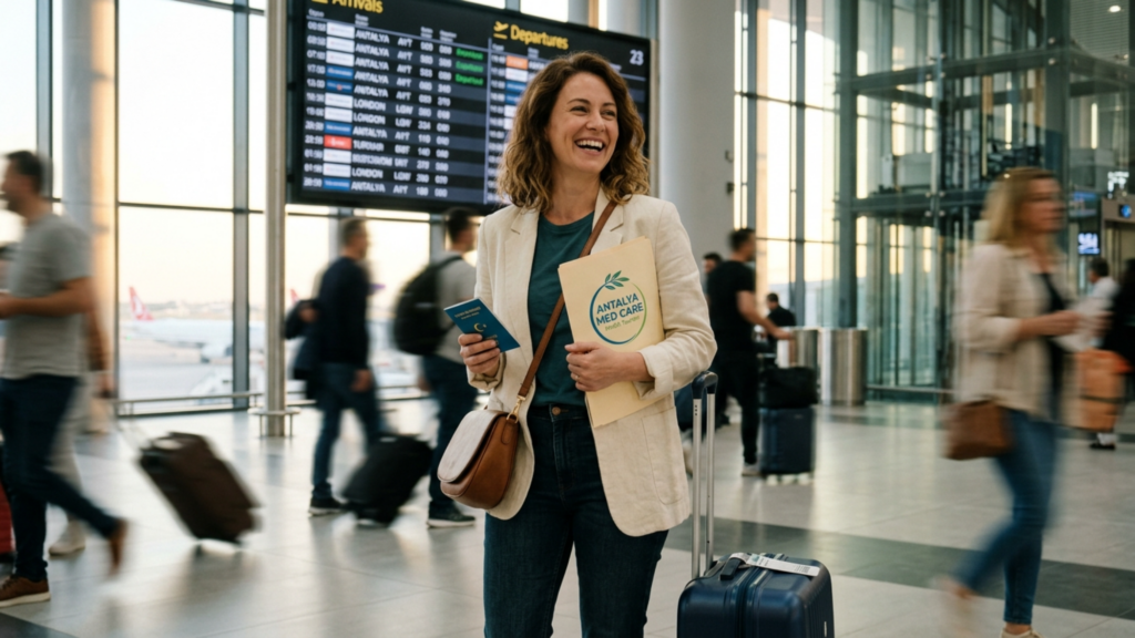 A professional DSLR-quality photograph captured with a 50mm lens, featuring a woman standing in a bustling, sun-drenched airport terminal. The image is rendered in high-resolution 4K, showcasing a balanced composition where the central subject—a joyful woman in a beige linen blazer and dark jeans—remains in sharp focus. Natural, ambient light streams through expansive floor-to-ceiling windows, creating a bright, airy aesthetic with soft highlights on her skin. The woman radiates a vibrant, travel-ready persona, holding a blue passport and an 'Antalya Med Care' folder, her relaxed yet confident posture complementing the dynamic, blurred movement of commuters in the background. The background features a large, iconic airport departure board, establishing a travel-oriented narrative. The overall atmosphere is one of optimism, efficiency, and professional hospitality, with a clean color palette and realistic textures.