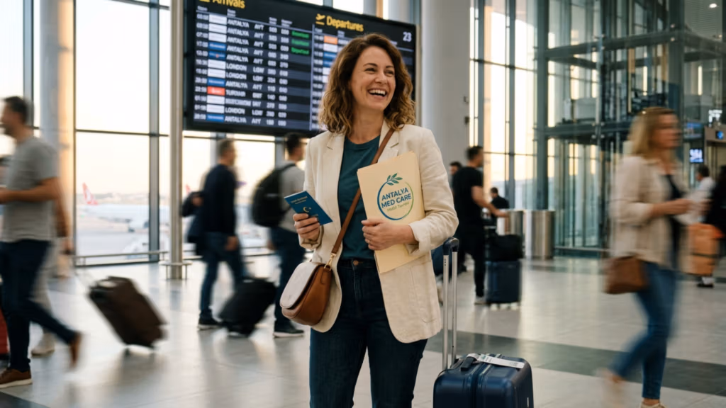 A professional DSLR-quality photograph captured with a 50mm lens, featuring a woman standing in a bustling, sun-drenched airport terminal. The image is rendered in high-resolution 4K, showcasing a balanced composition where the central subject—a joyful woman in a beige linen blazer and dark jeans—remains in sharp focus. Natural, ambient light streams through expansive floor-to-ceiling windows, creating a bright, airy aesthetic with soft highlights on her skin. The woman radiates a vibrant, travel-ready persona, holding a blue passport and an 'Antalya Med Care' folder, her relaxed yet confident posture complementing the dynamic, blurred movement of commuters in the background. The background features a large, iconic airport departure board, establishing a travel-oriented narrative. The overall atmosphere is one of optimism, efficiency, and professional hospitality, with a clean color palette and realistic textures.