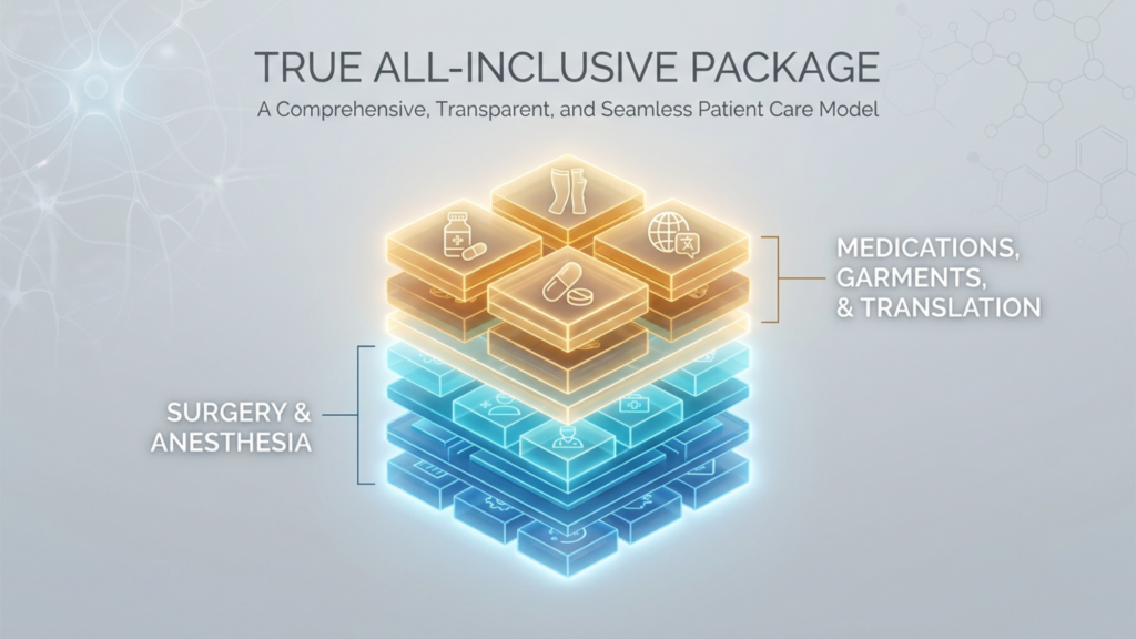 This medical infographic, titled 'TRUE ALL-INCLUSIVE PACKAGE,' presents a sophisticated 3D isometric architectural render of a tiered service model. Shot with a sharp, professional digital aesthetic resembling a high-resolution 4K render, the composition focuses on two distinct, color-coded blocks of translucent, glass-like cubes. The upper tier, rendered in warm, glowing amber and gold, represents 'Medications, Garments, & Translation' and features iconography for medicine, support garments, and global communication. The lower tier, rendered in cool, luminous cyan, represents 'Surgery & Anesthesia,' depicted with clinical symbols for medical professionals and surgical tools. The lighting design is highly calculated, utilizing soft, ambient volumetric luminescence that emanates from within the layers to create a clean, modern, and clinical atmosphere. The background is a sterile, light grey gradient adorned with subtle, abstract neural or molecular network patterns, emphasizing the technological and scientific nature of the patient care model. The overall style is minimalist and corporate, designed to convey transparency, structure, and technological advancement in healthcare services.