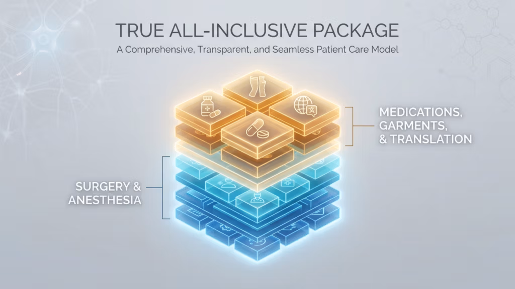 This medical infographic, titled 'TRUE ALL-INCLUSIVE PACKAGE,' presents a sophisticated 3D isometric architectural render of a tiered service model. Shot with a sharp, professional digital aesthetic resembling a high-resolution 4K render, the composition focuses on two distinct, color-coded blocks of translucent, glass-like cubes. The upper tier, rendered in warm, glowing amber and gold, represents 'Medications, Garments, & Translation' and features iconography for medicine, support garments, and global communication. The lower tier, rendered in cool, luminous cyan, represents 'Surgery & Anesthesia,' depicted with clinical symbols for medical professionals and surgical tools. The lighting design is highly calculated, utilizing soft, ambient volumetric luminescence that emanates from within the layers to create a clean, modern, and clinical atmosphere. The background is a sterile, light grey gradient adorned with subtle, abstract neural or molecular network patterns, emphasizing the technological and scientific nature of the patient care model. The overall style is minimalist and corporate, designed to convey transparency, structure, and technological advancement in healthcare services.