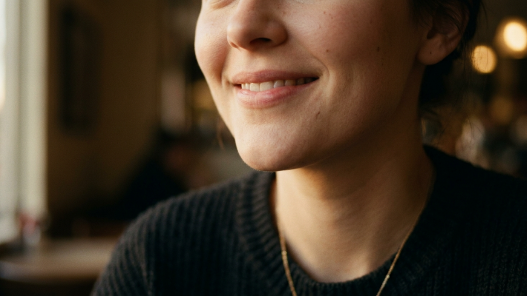 A high-resolution, cinematic close-up capturing a woman's serene smile, rendered with the aesthetic precision of professional DSLR photography. Shot with a sharp 85mm prime lens, the composition achieves a shallow depth of field, rendering the soft, ambient bokeh of a warm, dimly lit cafe background. The lighting is diffused and natural, likely from a nearby window, casting gentle highlights across the bridge of the nose and the natural contours of the cheek, accentuating the subtle texture of the skin. The subject is dressed in a dark, textured knit sweater, complemented by a delicate gold chain necklace. The overall atmosphere is intimate, candid, and sophisticated, focusing on the genuine warmth of the expression and the meticulous detail of skin tones and fabric weave.