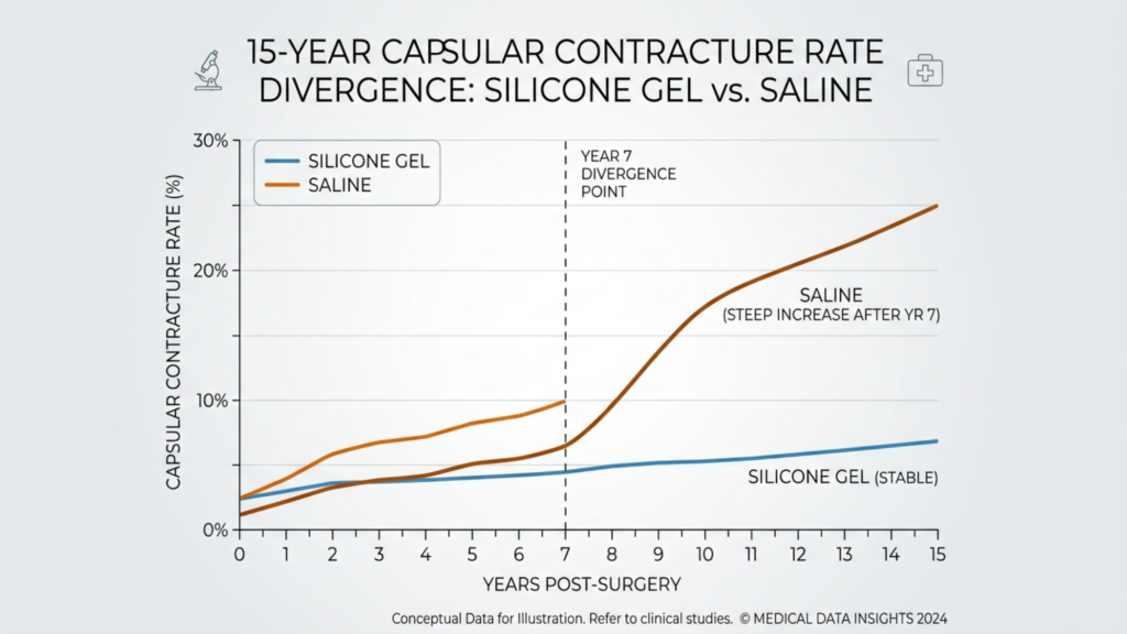A clinical infographic titled '15-Year Capsular Contracture Rate Divergence: Silicone Gel vs. Saline' presented in a clean, professional medical style. The chart displays two trend lines on a grid: a blue line representing 'Silicone Gel' which shows a stable, low rate of capsular contracture over 15 years, and an orange line representing 'Saline' which shows a sharp increase in the contracture rate starting at 'Year 7 Divergence Point'. The background is a soft, neutral gradient, and the overall aesthetic is informative, precise, and high-contrast, designed for medical documentation or patient education. The data is clearly labeled, focusing on comparative clinical outcomes.