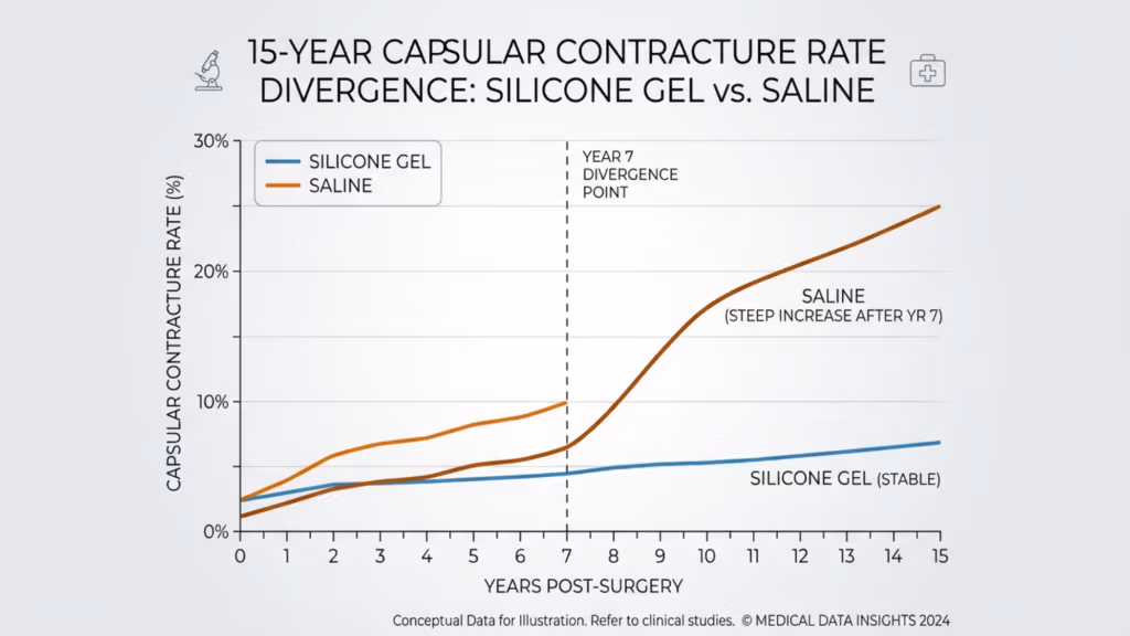 A clinical infographic titled '15-Year Capsular Contracture Rate Divergence: Silicone Gel vs. Saline' presented in a clean, professional medical style. The chart displays two trend lines on a grid: a blue line representing 'Silicone Gel' which shows a stable, low rate of capsular contracture over 15 years, and an orange line representing 'Saline' which shows a sharp increase in the contracture rate starting at 'Year 7 Divergence Point'. The background is a soft, neutral gradient, and the overall aesthetic is informative, precise, and high-contrast, designed for medical documentation or patient education. The data is clearly labeled, focusing on comparative clinical outcomes.