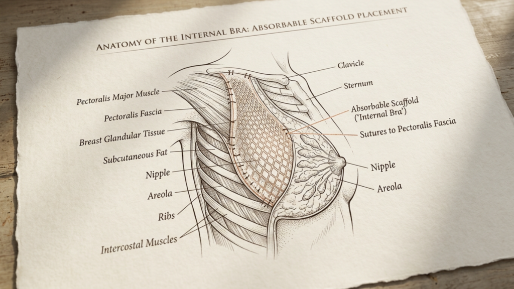 A sophisticated, high-resolution medical illustration titled 'Anatomy of the Internal Bra: Absorbable Scaffold Placement' printed on textured, aged paper. The image mimics a professional DSLR aesthetic with a shallow depth of field, utilizing a macro-lens perspective to emphasize the precision of the technical diagram. Soft, directional side lighting casts gentle, naturalistic shadows across the paper's surface, enhancing the tactile quality of the parchment. The illustration serves as a precise anatomical guide, detailing the pectoralis major muscle, pectoralis fascia, breast glandular tissue, and the placement of an absorbable mesh scaffold secured with sutures. The artistic style blends clinical clarity with a high-end, editorial feel, rendered in elegant ink-sketch lines that highlight the structural integration of the medical device within the subcutaneous fat and underlying rib structure. The overall composition is clean, scholarly, and visually refined, set against a subtle, warm-toned, wooden-grain background that reinforces a luxurious, professional medical environment.