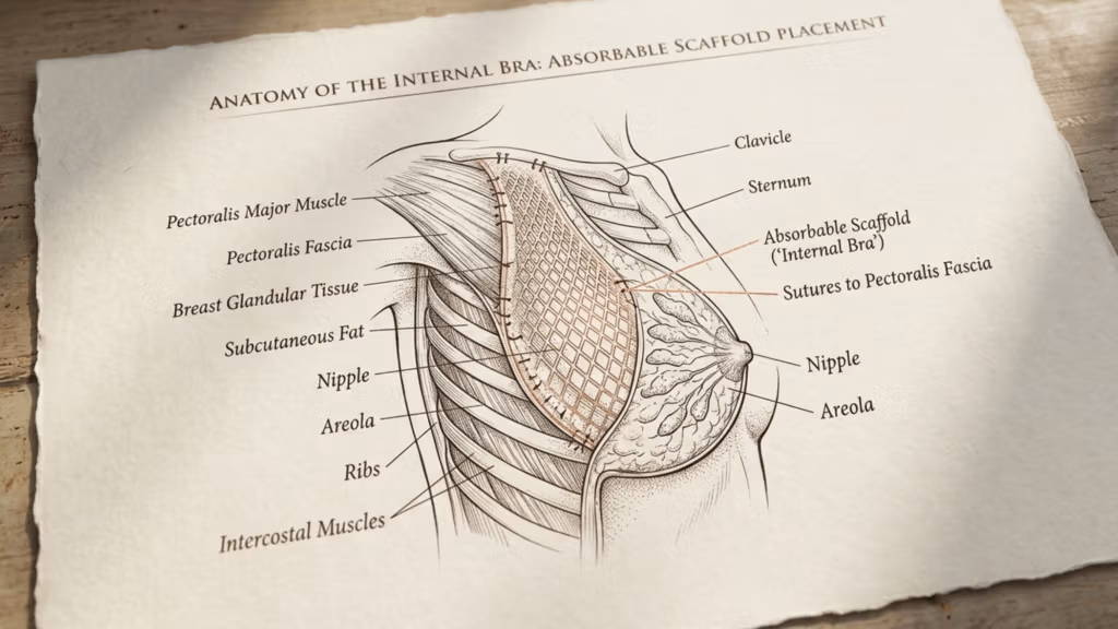 A sophisticated, high-resolution medical illustration titled 'Anatomy of the Internal Bra: Absorbable Scaffold Placement' printed on textured, aged paper. The image mimics a professional DSLR aesthetic with a shallow depth of field, utilizing a macro-lens perspective to emphasize the precision of the technical diagram. Soft, directional side lighting casts gentle, naturalistic shadows across the paper's surface, enhancing the tactile quality of the parchment. The illustration serves as a precise anatomical guide, detailing the pectoralis major muscle, pectoralis fascia, breast glandular tissue, and the placement of an absorbable mesh scaffold secured with sutures. The artistic style blends clinical clarity with a high-end, editorial feel, rendered in elegant ink-sketch lines that highlight the structural integration of the medical device within the subcutaneous fat and underlying rib structure. The overall composition is clean, scholarly, and visually refined, set against a subtle, warm-toned, wooden-grain background that reinforces a luxurious, professional medical environment.