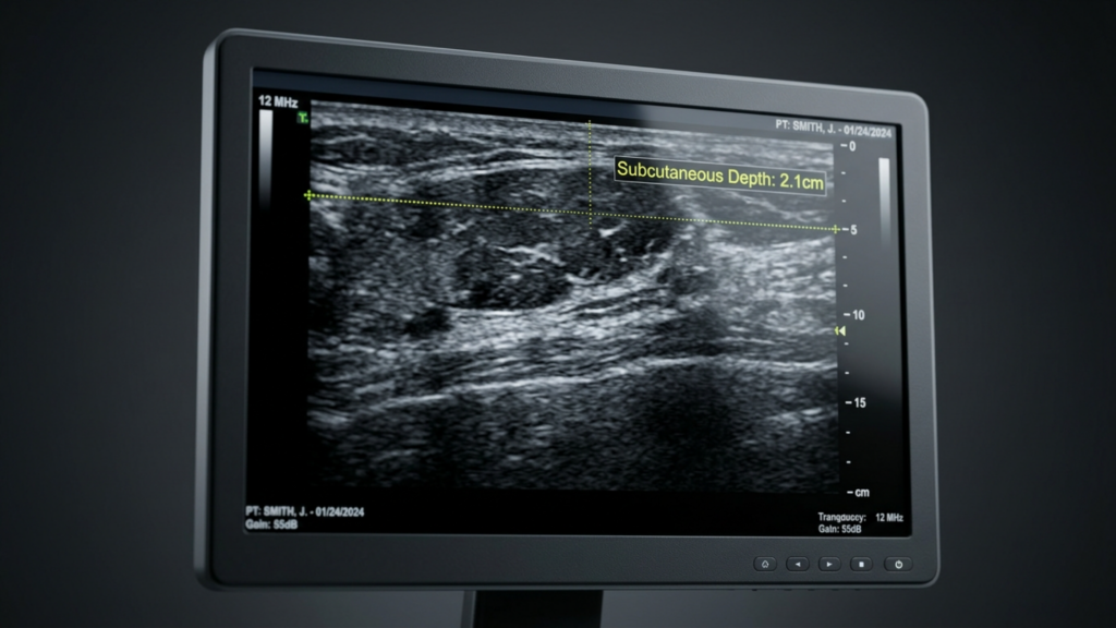A high-resolution, photorealistic digital rendering of a medical ultrasound diagnostic monitor displaying a grayscale sonographic scan. The screen is framed in a matte black, industrial-grade bezel, set against a dark, neutral background that emphasizes the screen's luminescent interface. The ultrasound image shows internal tissue structure with a yellow measurement overlay indicating 'Subcutaneous Depth: 2.1cm'. The lighting is clinical and focused, mimicking professional medical imaging equipment, with crisp reflections on the screen's surface. The composition is clean and technical, capturing the sterile, precise atmosphere of a diagnostic environment. The image quality is akin to 4k studio photography, utilizing a sharp focal depth to highlight the data on the display while maintaining professional clarity.