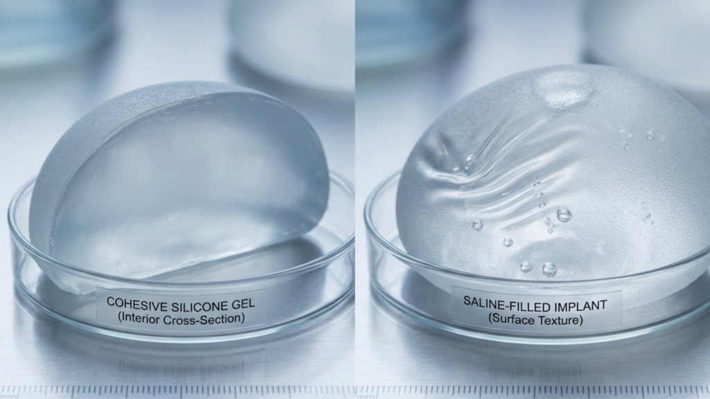 A high-resolution, clinical-grade medical photography shot comparing two breast implant types in a sterile laboratory setting. The image is captured with a high-end macro lens on a full-frame DSLR, offering clinical sharpness and clear 4K detail. The lighting is diffused, cool-toned, and shadowless, characteristic of a clean room environment, emphasizing the translucency and material properties of the objects. On the left, a cross-section of a cohesive silicone gel implant shows a firm, structured, and semi-solid consistency within a clear Petri dish. On the right, a saline-filled implant displays a more fluid, compliant surface, marked by characteristic ripples, folds, and surface texture. Both samples are placed on a brushed metallic, reflective surface with a precision measurement scale at the bottom. The atmosphere is professional, objective, and diagnostic, focusing on the material integrity and structural differences of the medical-grade polymers.