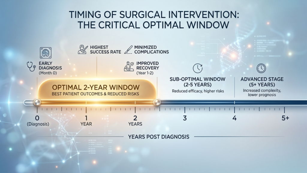 A high-resolution, professionally designed medical infographic titled 'TIMING OF SURGICAL INTERVENTION: THE CRITICAL OPTIMAL WINDOW.' The visual layout follows a horizontal timeline format, set against a sleek, modern, light-blue digital background featuring subtle, glowing DNA helix motifs and interconnected data nodes. The central graphic highlights an 'OPTIMAL 2-YEAR WINDOW' in a warm, radiant amber-gold glow, emphasizing best patient outcomes. The timeline progresses linearly, marked by crisp typography and clean iconography representing diagnosis, success rates, complication minimization, and recovery stages, eventually transitioning into 'SUB-OPTIMAL' and 'ADVANCED STAGE' segments. The overall aesthetic is clinical, sophisticated, and data-driven, utilizing a premium color palette of deep blues, whites, and luminous highlights, suggestive of advanced healthcare analytics or biotech visualization.