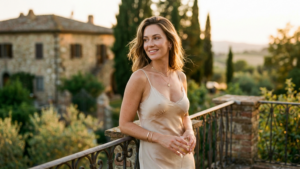 Una fotografia editoriale ad alta risoluzione, scattata con una reflex digitale, che ritrae una donna radiosa con un obiettivo fisso da 85 mm, creando una profondità di campo ridotta e lusinghiera che ne accentua la figura sullo sfondo di una villa toscana leggermente sfocata. La scena è illuminata dalla luce dorata e diffusa dell'"ora d'oro", che proietta un bagliore caldo ed etereo sui suoi lineamenti, esaltando la naturale luminosità della pelle e mettendo in risalto la sua postura aggraziata e rilassata mentre si appoggia a una ringhiera metallica decorata. Indossa un abito sottoveste minimalista in seta color champagne con delicati dettagli in pizzo, impreziosito da raffinati gioielli in oro che catturano la luce del tardo pomeriggio. La composizione è equilibrata ed elegante, emanando un'atmosfera lussuosa e serena, con micro-dettagli visibili nella trama del tessuto e nella delicata naturalezza baciata dal sole del suo incarnato.