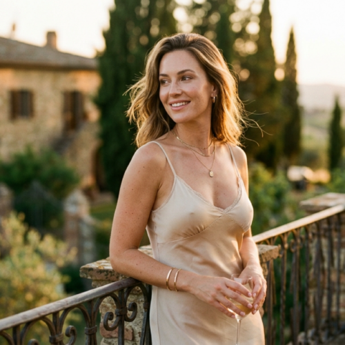 Una fotografia editoriale ad alta risoluzione, scattata con una reflex digitale, che ritrae una donna radiosa con un obiettivo fisso da 85 mm, creando una profondità di campo ridotta e lusinghiera che ne accentua la figura sullo sfondo di una villa toscana leggermente sfocata. La scena è illuminata dalla luce dorata e diffusa dell'"ora d'oro", che proietta un bagliore caldo ed etereo sui suoi lineamenti, esaltando la naturale luminosità della pelle e mettendo in risalto la sua postura aggraziata e rilassata mentre si appoggia a una ringhiera metallica decorata. Indossa un abito sottoveste minimalista in seta color champagne con delicati dettagli in pizzo, impreziosito da raffinati gioielli in oro che catturano la luce del tardo pomeriggio. La composizione è equilibrata ed elegante, emanando un'atmosfera lussuosa e serena, con micro-dettagli visibili nella trama del tessuto e nella delicata naturalezza baciata dal sole del suo incarnato.