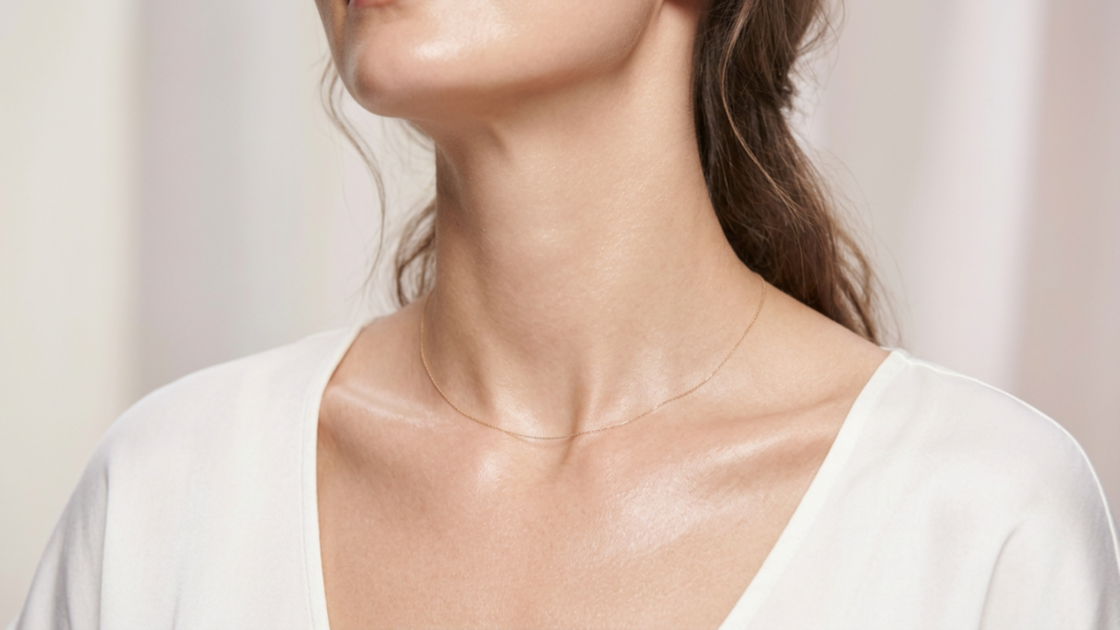 This high-definition, editorial-style close-up portrait, captured with an 85mm macro lens, epitomizes refined DSLR photography with its crisp 4K resolution and shallow depth of field. The lighting is masterfully soft and diffused, emanating from the side to create gentle, flattering shadows that accentuate the graceful contours of the subject’s neck and collarbone. The subject, a woman with an elegant, upright posture, exudes a serene and sophisticated air. Her skin possesses a natural, healthy luminosity, subtly enhanced by a faint, dewy sheen that catches the light with micro-reflective clarity. She is adorned in a minimalist, soft-textured white garment, complemented by a delicate, thin gold chain necklace that rests elegantly against her skin. The composition is tight and focused, set against a clean, neutral, and out-of-focus background that contributes to a minimalist, luxury aesthetic, placing full emphasis on the organic beauty and subtle textures of the subject.