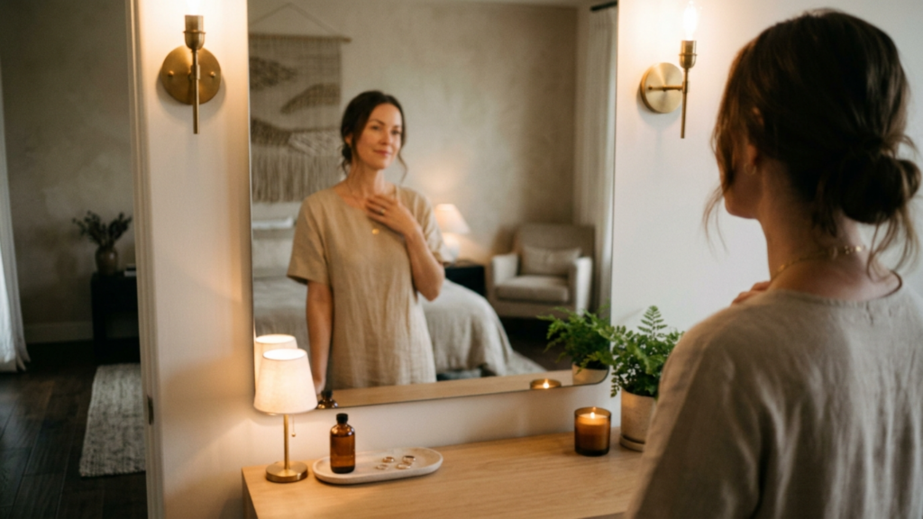 A high-resolution, editorial-style photograph captured with a 35mm lens, showcasing a serene domestic scene. The composition features a woman viewed from behind, gazing into a large rectangular mirror, creating a reflective dual perspective. The lighting is warm and ambient, utilizing soft, diffused golden-hour tones emanating from brass wall sconces and a small tabletop lamp, which gently highlight the contours of her shoulders and the relaxed, natural drape of her beige linen tunic. The focus is sharp on the reflection in the mirror, emphasizing her contemplative expression and delicate jewelry. The skin texture appears soft and luminous, reflecting the warm indoor glow. The background is a tastefully curated, minimalist bedroom with an earthy, neutral color palette, featuring a textured macramé wall hanging, a plush armchair, and greenery, evoking a tranquil, luxury-lifestyle atmosphere. The image possesses the cinematic depth of DSLR photography, with a shallow depth of field that subtly blurs the background elements to maintain focus on the subject.