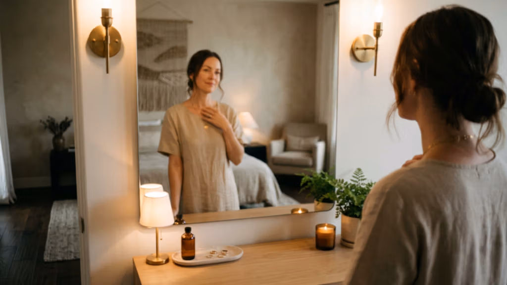 A high-resolution, editorial-style photograph captured with a 35mm lens, showcasing a serene domestic scene. The composition features a woman viewed from behind, gazing into a large rectangular mirror, creating a reflective dual perspective. The lighting is warm and ambient, utilizing soft, diffused golden-hour tones emanating from brass wall sconces and a small tabletop lamp, which gently highlight the contours of her shoulders and the relaxed, natural drape of her beige linen tunic. The focus is sharp on the reflection in the mirror, emphasizing her contemplative expression and delicate jewelry. The skin texture appears soft and luminous, reflecting the warm indoor glow. The background is a tastefully curated, minimalist bedroom with an earthy, neutral color palette, featuring a textured macramé wall hanging, a plush armchair, and greenery, evoking a tranquil, luxury-lifestyle atmosphere. The image possesses the cinematic depth of DSLR photography, with a shallow depth of field that subtly blurs the background elements to maintain focus on the subject.