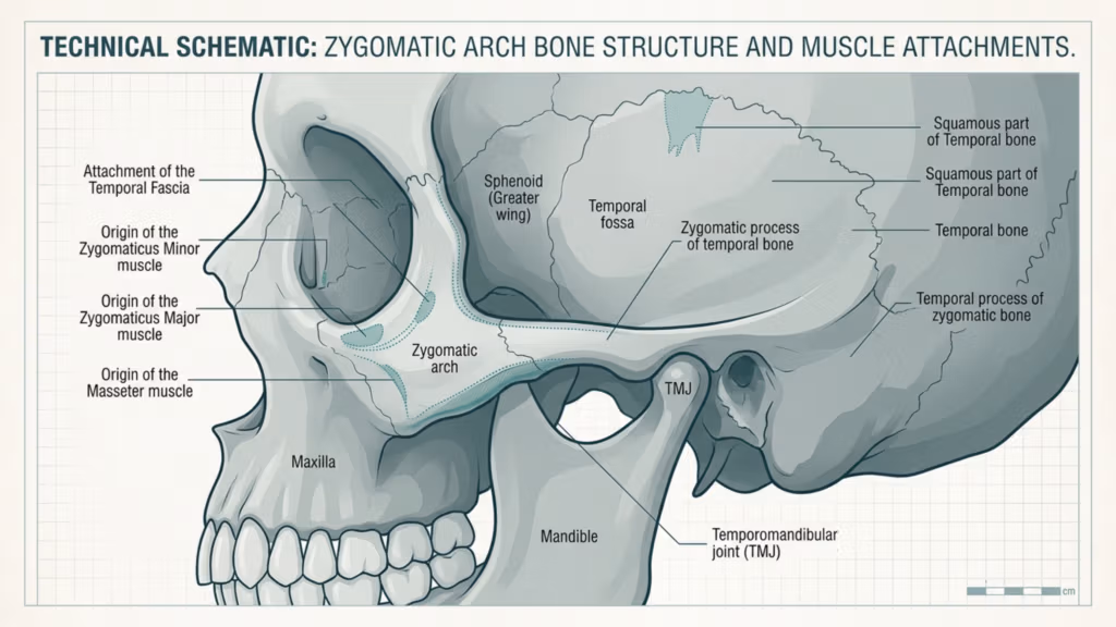 A professional, high-resolution technical medical illustration rendered in a clean, clinical aesthetic. The image presents a lateral view of the human skull, specifically focusing on the zygomatic arch and surrounding bony structures. The illustration utilizes precise digital linework with subtle monochromatic shading, reminiscent of high-end anatomical textbooks. Key anatomical landmarks—including the temporal bone, sphenoid bone, TMJ (temporomandibular joint), and muscle attachment sites for the zygomaticus and masseter muscles—are clearly labeled with fine, sans-serif typography. The composition is set against a faint, light-grey technical grid background, emphasizing a scientific and pedagogical tone. The overall presentation is minimalist and academic, avoiding human skin or clothing textures in favor of a sterile, informative anatomical schematic.