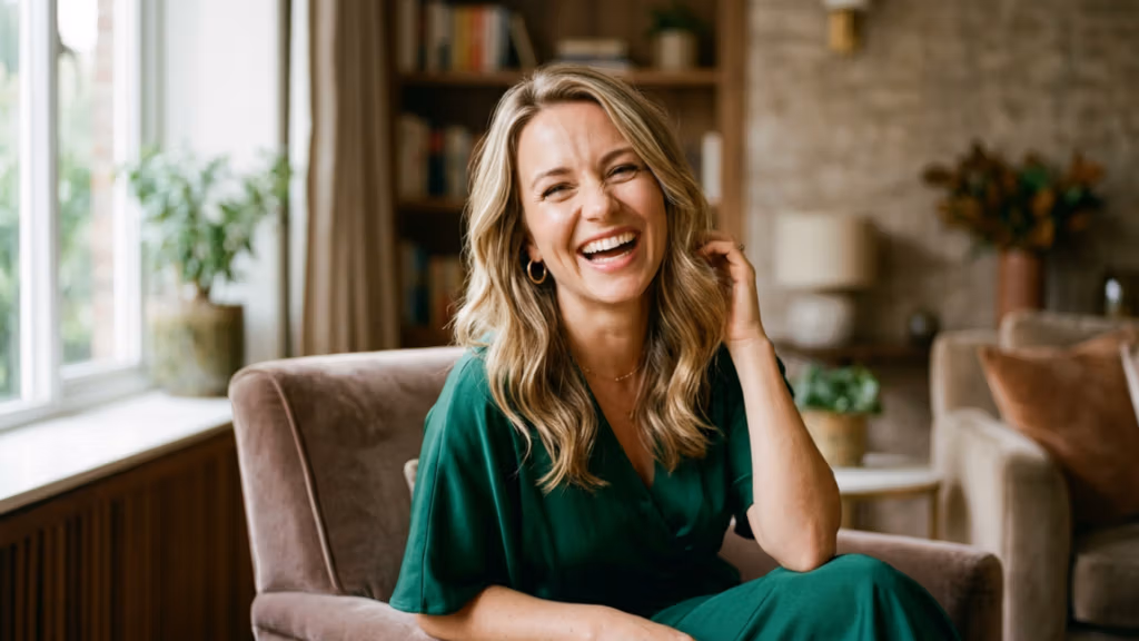 A professional, high-resolution DSLR portrait of a radiant woman captured with an 85mm lens, showcasing a shallow depth of field. She is seated in a plush, dusty-rose velvet armchair within a warm, inviting study. The lighting is soft and natural, streaming from a side window, highlighting her genuine, joyful expression and the subtle, healthy glow of her skin. She is dressed in an elegant, deep forest-green wrap dress featuring a fluid, satin-like fabric that drapes gracefully. Her accessories are minimal, consisting of delicate gold hoop earrings and a thin necklace that catch the light. The background is composed of a blurred, tastefully decorated interior with a bookshelf and warm ambient lighting, creating a sophisticated and welcoming editorial atmosphere.