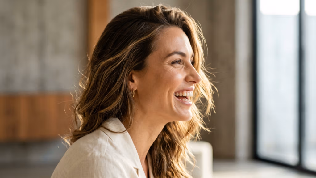 A high-end editorial portrait captured with an 85mm prime lens, showcasing shallow depth of field and professional DSLR photography quality. The image features a woman in profile, illuminated by soft, natural-leaning side lighting that accentuates her radiant expression and defined facial contours. Her skin texture appears luminous and healthy, with subtle natural highlights. She is dressed in a light-colored, textured linen-blend garment. The composition is clean and modern, focusing on the subject's genuine joy, set against a softly blurred, minimalist interior background that evokes a sophisticated, airy atmosphere.