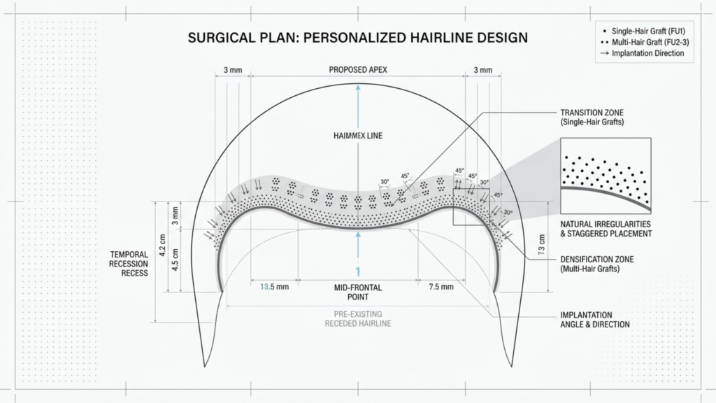 A highly technical surgical diagram illustrating a personalized hairline design plan, presented in a clean, professional clinical style. The image features a schematic top-down view of the human scalp, detailing the 'Proposed Apex' and 'Haimmex Line' with precise measurements in millimeters and centimeters. It includes annotations for 'Transition Zone' using single-hair grafts, 'Densification Zone' using multi-hair grafts, and 'Temporal Recession Recess'. A zoomed-in callout box highlights 'Natural Irregularities & Staggered Placement' of grafts, while arrows indicate specific 'Implantation Angle & Direction' (ranging between 30° to 45°). The layout is structured on a subtle grid background with a cool-toned, medical-grade aesthetic, emphasizing precision, surgical planning, and anatomical symmetry.
