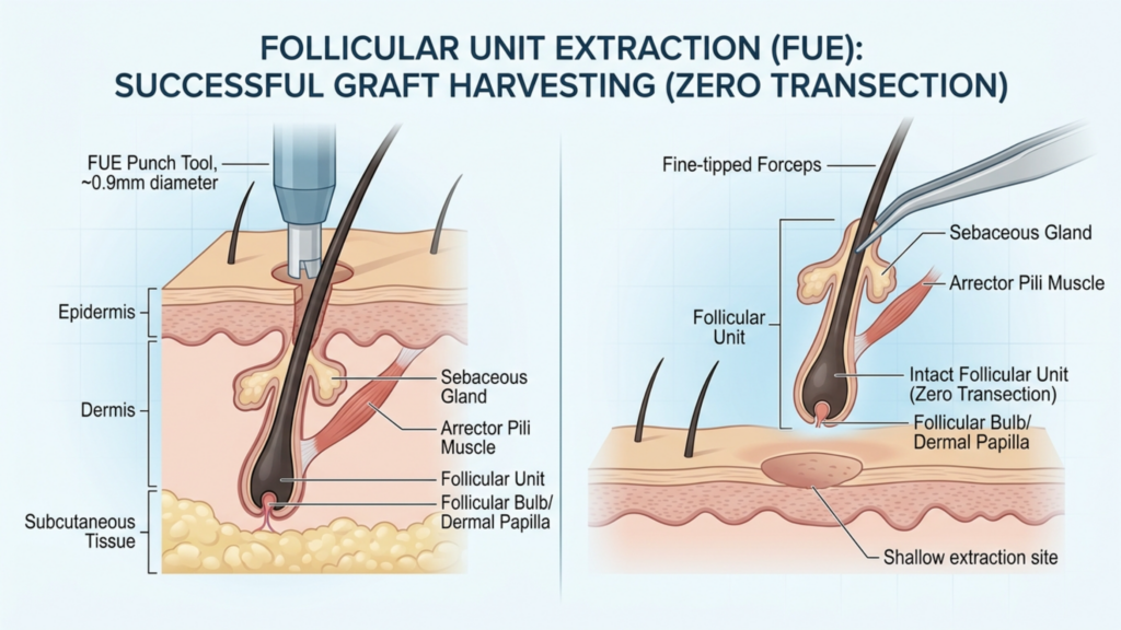 A high-resolution, professionally rendered medical illustration titled "Follicular Unit Extraction (FUE): Successful Graft Harvesting (Zero Transection)." The composition is divided into two distinct panels against a clinical, light blue grid background, mimicking the precision of high-end anatomical digital art. The left panel showcases a microscopic cross-section of human skin, utilizing a soft-focus depth of field to highlight an FUE punch tool with a 0.9mm diameter precisely engaging a hair follicle. The right panel utilizes a clean, diagnostic aesthetic to display a harvested follicular unit being held by fine-tipped forceps, emphasizing the intact follicular bulb and dermal papilla. The lighting is bright, diffuse, and shadowless, characteristic of a clean, high-fidelity medical rendering meant for educational or clinical documentation. The anatomical layers—epidermis, dermis, and subcutaneous tissue—are rendered with high color accuracy, while the texture of the skin and hair structures is depicted with clinical precision, lacking the organic irregularities of photography, yet maintaining a hyper-realistic surgical clarity. The overall aesthetic is one of scientific, minimalist precision rather than organic photography.