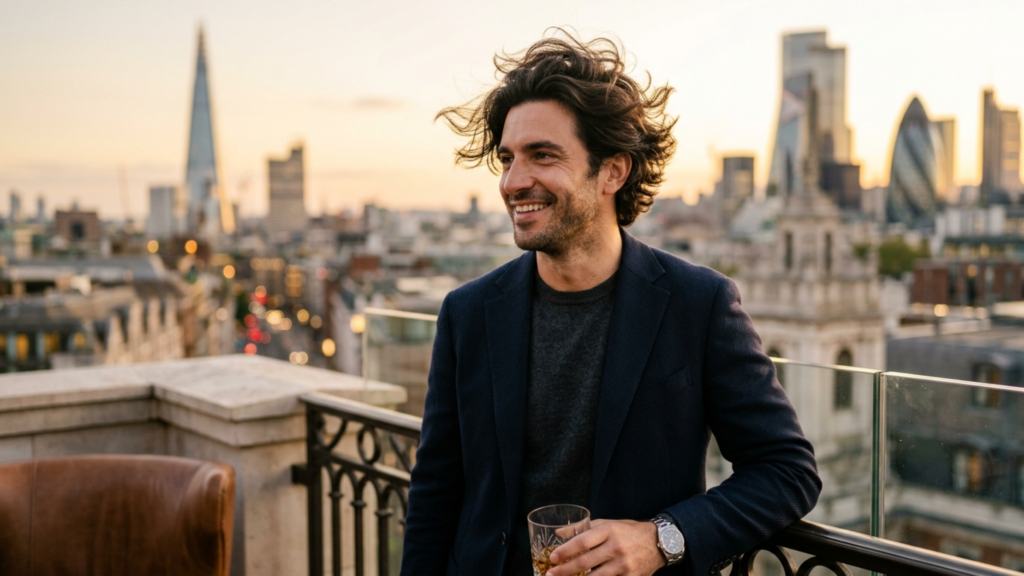 A professional, high-resolution DSLR editorial portrait captured with an 85mm prime lens, focusing on a man with a charismatic expression set against a blurred London cityscape at twilight. The soft, golden-hour ambient light highlights his natural, textured skin and slightly tousled hair. He wears a refined navy blue blazer over a dark knit sweater, accessorized with a classic metallic wristwatch. He holds a glass of whiskey, leaning casually against a terrace railing. The composition uses a shallow depth of field to create a luxurious, sophisticated atmosphere, emphasizing his sharp facial features and relaxed, confident posture amidst the urban sunset backdrop.
