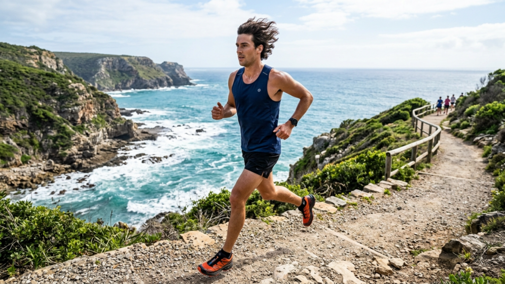 A high-resolution, professional action shot captured with a 35mm wide-angle lens, showcasing a fit male runner in mid-stride along a rugged coastal cliff path. The image features exceptional DSLR photography quality with a sharp focus on the subject. Natural, bright sunlight from a side angle accentuates his well-defined, athletic physique and muscular definition. His skin displays a natural, healthy sheen with fine droplets of perspiration that catch the light, emphasizing his exertion. He is dressed in high-performance athletic gear, including a moisture-wicking navy blue tank top and streamlined black running shorts, complemented by modern, vibrant orange and black trail running shoes and a sleek fitness watch on his wrist. The composition utilizes the dramatic, expansive coastal background with deep blue ocean waves crashing against jagged cliffs, creating an atmosphere of adventurous endurance and premium outdoor lifestyle photography. In the distance, a small group of other runners is faintly visible, adding to the scale of the scene.