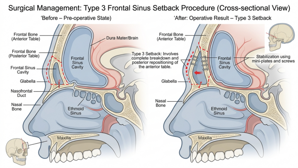 A detailed, clinical medical illustration titled 'Surgical Management: Type 3 Frontal Sinus Setback Procedure (Cross-sectional View).' The graphic is divided into two side-by-side diagrams: 'Before – Pre-operative State' and 'After: Operative Result – Type 3 Setback.' It displays an anatomical sagittal section of the human skull, highlighting the frontal bone, frontal sinus cavity, glabella, and related nasal structures. The 'After' section illustrates the surgical repositioning of the anterior table of the frontal bone, showing the use of mini-plates and screws for stabilization with red arrows indicating the movement direction. Small, inset illustrations of a human skull help orient the cross-sectional view within the larger cranial context. The image uses a clean, professional color palette of soft blues, beiges, and clinical whites, designed for educational or surgical planning purposes.