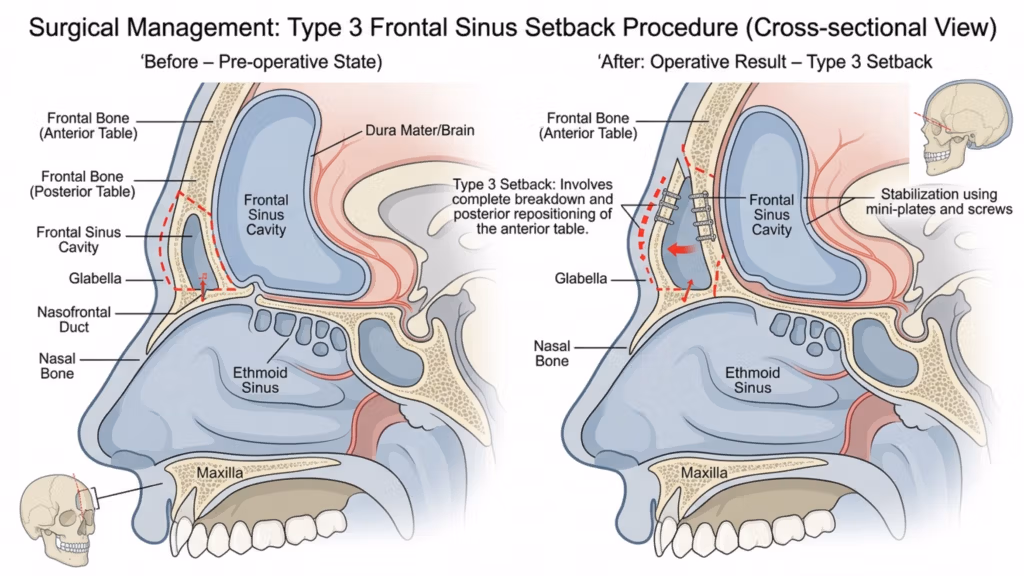 A detailed, clinical medical illustration titled 'Surgical Management: Type 3 Frontal Sinus Setback Procedure (Cross-sectional View).' The graphic is divided into two side-by-side diagrams: 'Before – Pre-operative State' and 'After: Operative Result – Type 3 Setback.' It displays an anatomical sagittal section of the human skull, highlighting the frontal bone, frontal sinus cavity, glabella, and related nasal structures. The 'After' section illustrates the surgical repositioning of the anterior table of the frontal bone, showing the use of mini-plates and screws for stabilization with red arrows indicating the movement direction. Small, inset illustrations of a human skull help orient the cross-sectional view within the larger cranial context. The image uses a clean, professional color palette of soft blues, beiges, and clinical whites, designed for educational or surgical planning purposes.