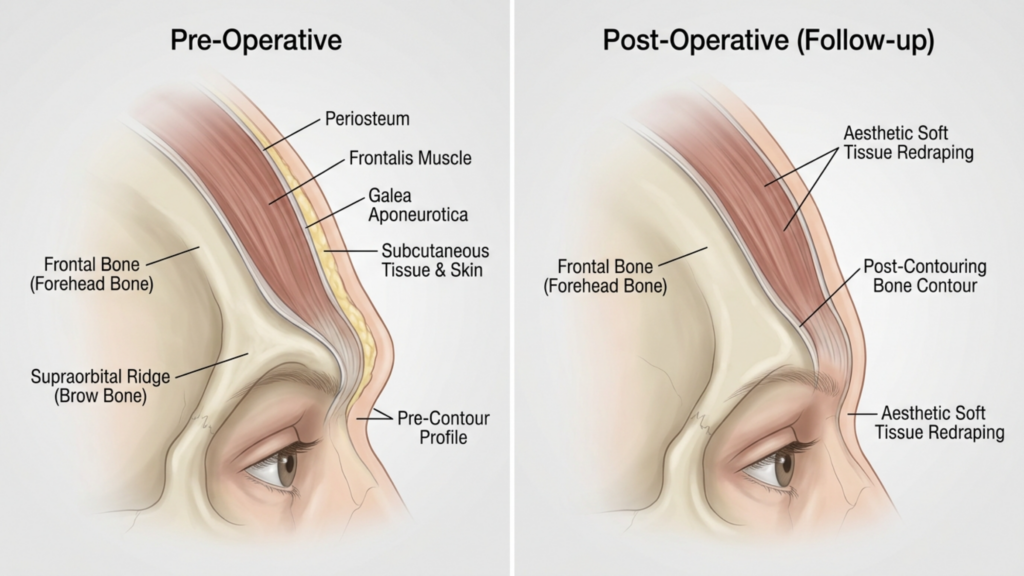A clinical medical illustration comparing pre-operative and post-operative facial structure. The image is a split-view diagram on a clean, light grey background. On the left, labeled 'Pre-Operative', a cross-section of the forehead shows anatomical layers including the frontal bone, supraorbital ridge, periosteum, frontalis muscle, galea aponeurotica, and subcutaneous tissue. The right side, labeled 'Post-Operative (Follow-up)', highlights the surgical adjustments, specifically the 'Post-Contouring Bone Contour' and 'Aesthetic Soft Tissue Redraping' over the brow ridge. The style is professional, educational, and high-resolution, characterized by precise line work, soft, neutral-toned color gradients, and clear, legible typography used for medical annotation. There is no photographic lens, lighting, or fabric texture as the image is a two-dimensional anatomical rendering, not a photograph.
