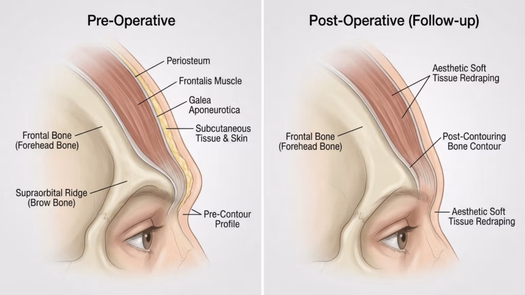 A clinical medical illustration comparing pre-operative and post-operative facial structure. The image is a split-view diagram on a clean, light grey background. On the left, labeled 'Pre-Operative', a cross-section of the forehead shows anatomical layers including the frontal bone, supraorbital ridge, periosteum, frontalis muscle, galea aponeurotica, and subcutaneous tissue. The right side, labeled 'Post-Operative (Follow-up)', highlights the surgical adjustments, specifically the 'Post-Contouring Bone Contour' and 'Aesthetic Soft Tissue Redraping' over the brow ridge. The style is professional, educational, and high-resolution, characterized by precise line work, soft, neutral-toned color gradients, and clear, legible typography used for medical annotation. There is no photographic lens, lighting, or fabric texture as the image is a two-dimensional anatomical rendering, not a photograph.