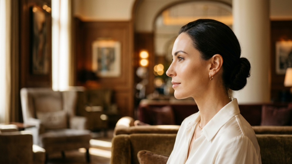 A sophisticated, editorial-style portrait of a woman in profile, captured with the crisp clarity of a high-end 85mm portrait lens on a professional DSLR sensor, delivering 4K resolution. The lighting is masterfully diffused, utilizing a soft-box effect from an off-camera light source that accentuates her elegant jawline and sculpted facial features with gentle, flattering highlights. The subject, a woman with dark hair styled in a sleek, refined bun, possesses a poised and tranquil posture. Her complexion is luminous and clear, showcasing a natural, healthy glow with subtle textures that highlight its depth. She is wearing a classic, high-quality ivory silk blouse that drapes with a soft, luxurious sheen, accented by minimalist gold hoop earrings that catch the light. The composition features a shallow depth of field, rendering the plush, dark-wood interior of a luxury hotel lounge into a soft-focus bokeh, creating an atmosphere of quiet opulence, sophistication, and timeless poise.
