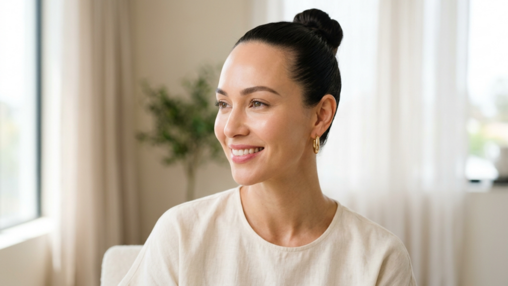 A high-end editorial portrait captured with an 85mm prime lens, offering a flattering compression and shallow depth of field typical of professional DSLR photography. The subject, a woman with refined features and hair pulled back into a sleek bun, is illuminated by soft, diffused natural window light from the side, creating a luminous glow on her skin. Her complexion is flawless, reflecting a subtle, hydrated luminescence with no harsh shadows, emphasizing a serene and polished aesthetic. She is wearing a minimalist, textured beige linen top and elegant gold hoop earrings, contributing to an effortless, sophisticated look. The background is a brightly lit, soft-focus interior, rendering a serene and airy atmosphere that keeps the focus entirely on the subject’s composed and gentle expression.