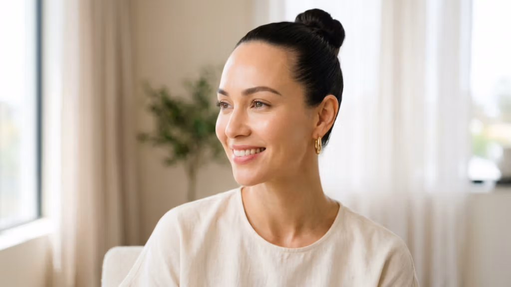 A high-end editorial portrait captured with an 85mm prime lens, offering a flattering compression and shallow depth of field typical of professional DSLR photography. The subject, a woman with refined features and hair pulled back into a sleek bun, is illuminated by soft, diffused natural window light from the side, creating a luminous glow on her skin. Her complexion is flawless, reflecting a subtle, hydrated luminescence with no harsh shadows, emphasizing a serene and polished aesthetic. She is wearing a minimalist, textured beige linen top and elegant gold hoop earrings, contributing to an effortless, sophisticated look. The background is a brightly lit, soft-focus interior, rendering a serene and airy atmosphere that keeps the focus entirely on the subject’s composed and gentle expression.