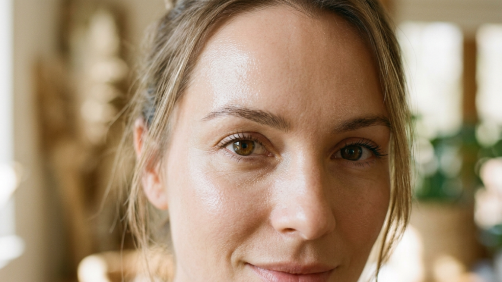 A high-resolution, professional DSLR close-up portrait of a woman, captured with an 85mm prime lens to achieve a shallow depth of field and exquisite focus on the eyes. The lighting is soft and natural, illuminating her face from the front and side to highlight the delicate, dewy texture of her skin, which exhibits a healthy, luminous glow with subtle moisture. The subject, a woman with auburn-toned hair loosely styled, gazes directly into the camera with an intimate expression. Her facial features are rendered with microscopic clarity, showcasing natural skin pores and light reflections. The background is softly blurred, suggesting a warm, sunlit interior environment, enhancing the overall serene and editorial quality of the photograph.
