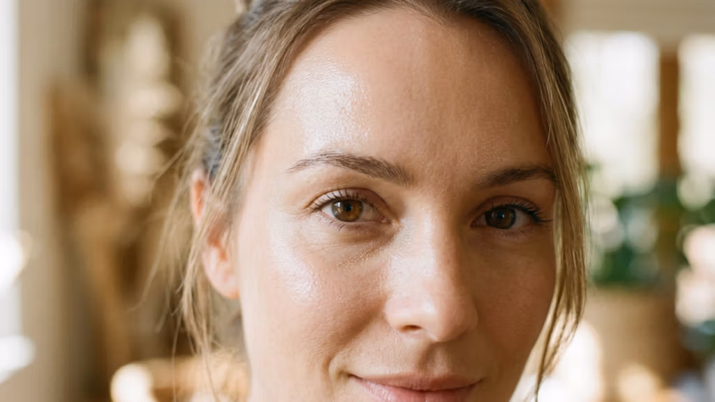 A high-resolution, professional DSLR close-up portrait of a woman, captured with an 85mm prime lens to achieve a shallow depth of field and exquisite focus on the eyes. The lighting is soft and natural, illuminating her face from the front and side to highlight the delicate, dewy texture of her skin, which exhibits a healthy, luminous glow with subtle moisture. The subject, a woman with auburn-toned hair loosely styled, gazes directly into the camera with an intimate expression. Her facial features are rendered with microscopic clarity, showcasing natural skin pores and light reflections. The background is softly blurred, suggesting a warm, sunlit interior environment, enhancing the overall serene and editorial quality of the photograph.