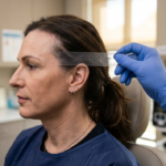 A professional medical consultation captured with DSLR precision, featuring a mid-shot perspective using a 50mm lens that emphasizes clinical clarity. The image exhibits soft, ambient clinical lighting that evenly illuminates the subject's profile, highlighting her natural skin texture and facial structure. The subject, an adult woman, is positioned in profile, exuding a calm and composed demeanor. A healthcare professional's hand, clad in a crisp blue nitrile glove, holds a transparent plastic ruler against the subject's temple to perform a precise measurement. The subject is wearing a navy medical scrub top, with a delicate silver chain necklace adding a subtle refined touch. The background is a soft-focus medical office, featuring blurred medical charts, framed certificates, and organized cabinetry, creating a clean, professional, and trustworthy atmosphere. The image focuses on the tactile interaction between the clinician and the patient, documenting a moment of medical assessment with high-definition clarity.