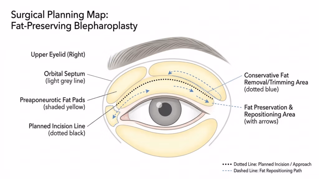 A clean, high-resolution medical illustration titled 'Surgical Planning Map: Fat-Preserving Blepharoplasty,' presented on a stark white background. The graphic features a stylized, simplified anatomical diagram of an eye, utilizing a soft color palette of muted yellows for fat pads, light greys for structures, and precise black and blue linework for surgical navigation. The composition is highly legible, clinical, and pedagogical, functioning as a professional surgical blueprint rather than a photographic subject. The visual language focuses on clarity, utilizing dotted black lines to denote the planned incision site and dashed blue arrows to indicate the strategic path for fat repositioning, effectively communicating complex surgical methodologies with minimal, clear iconography typical of high-end medical education materials.
