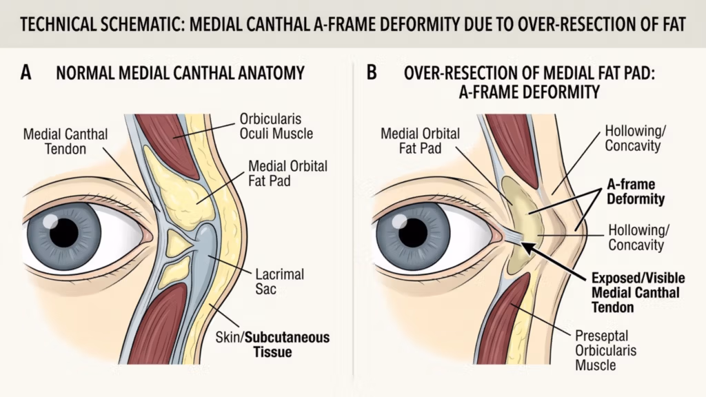 A medical illustration titled 'Technical Schematic: Medial Canthal A-Frame Deformity Due to Over-Resection of Fat' showing two cross-sectional anatomical diagrams of the inner eye area. Panel A illustrates normal medial canthal anatomy with labeled structures including the medial canthal tendon, medial orbital fat pad, lacrimal sac, orbicularis oculi muscle, and skin/subcutaneous tissue. Panel B illustrates the 'A-Frame Deformity' resulting from the over-resection of the medial fat pad, highlighting the resulting concavity, hollowing, and the exposed/visible medial canthal tendon. The style is clean, clinical, and pedagogical, using a neutral color palette suitable for surgical education.