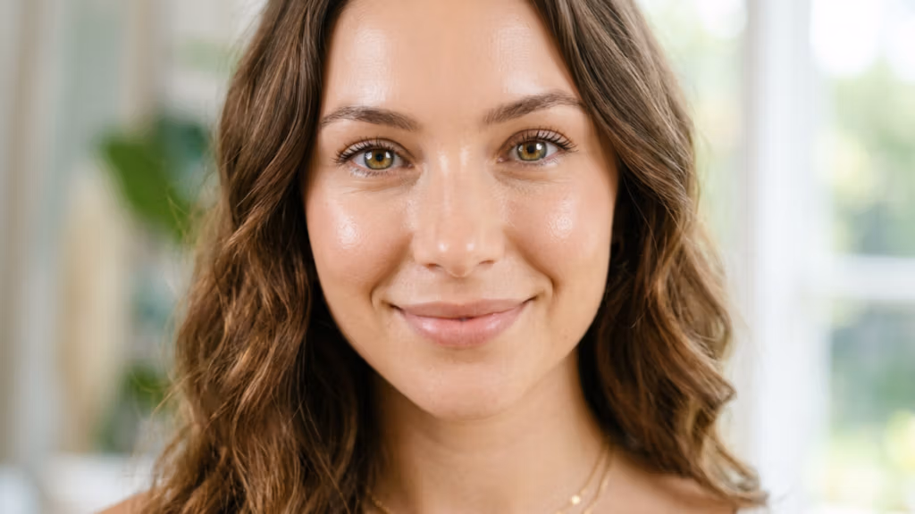 A high-resolution, professional DSLR portrait captured with a 50mm f/1.2 prime lens, showcasing a young woman with a warm, natural aesthetic. The composition is a tight, eye-level headshot, emphasizing the subject's soft yet radiant features. The lighting is characterized by soft, diffused natural light, creating a gentle luminosity across the complexion and highlighting subtle, healthy skin texture without harsh shadows. The subject exhibits a natural, confident expression with clear, hazel-green eyes and a light, dewy skin finish that conveys freshness. The background is a beautifully blurred, bright interior space with neutral tones, ensuring the focus remains entirely on the subject. The image quality is pristine, typical of high-end commercial or editorial photography, with a shallow depth of field that isolates the subject from the soft-focus environment. A delicate, minimalist gold chain is visible, adding a touch of refined elegance to the overall composition.