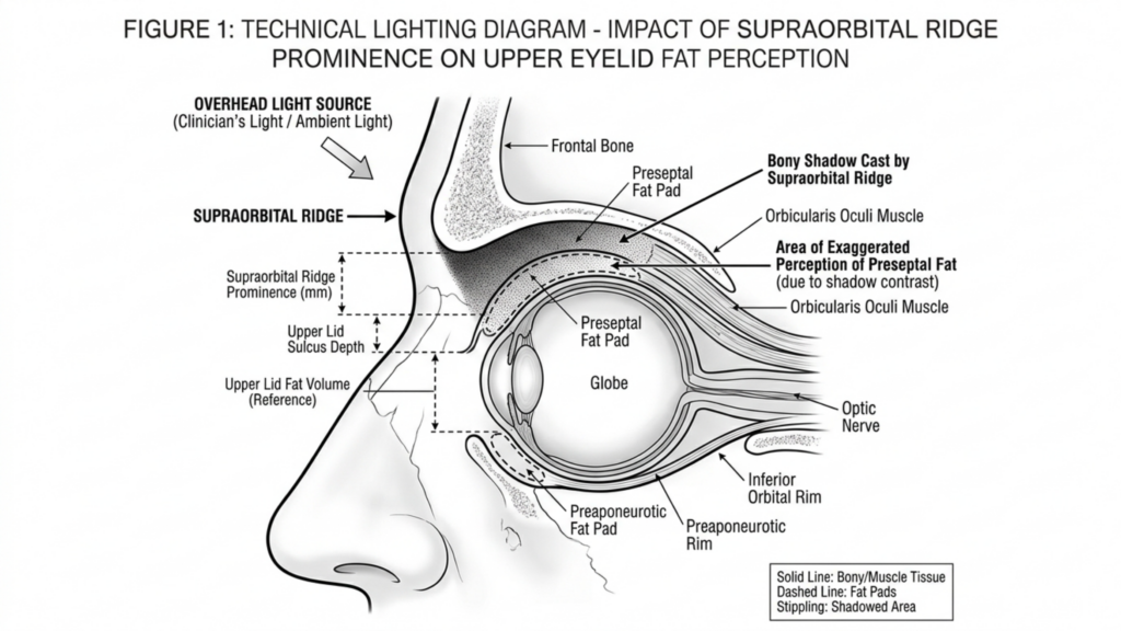 A clear, black-and-white medical illustration titled 'FIGURE 1: TECHNICAL LIGHTING DIAGRAM - IMPACT OF SUPRAORBITAL RIDGE PROMINENCE ON UPPER EYELID FAT PERCEPTION'. The diagram depicts a sagittal cross-section view of the human eye and surrounding orbital anatomy. It uses precise line art to label anatomical structures such as the frontal bone, supraorbital ridge, preseptal fat pad, orbicularis oculi muscle, and the globe of the eye. A large arrow indicates an 'OVERHEAD LIGHT SOURCE,' showing how the prominence of the supraorbital ridge casts a shadow over the upper eyelid, creating an 'Area of Exaggerated Perception of Preseptal Fat' due to shadow contrast. The diagram includes a legend explaining that solid lines represent bone/muscle tissue, dashed lines represent fat pads, and stippling represents shadowed areas. It is a clean, academic, high-contrast illustration suitable for clinical education.