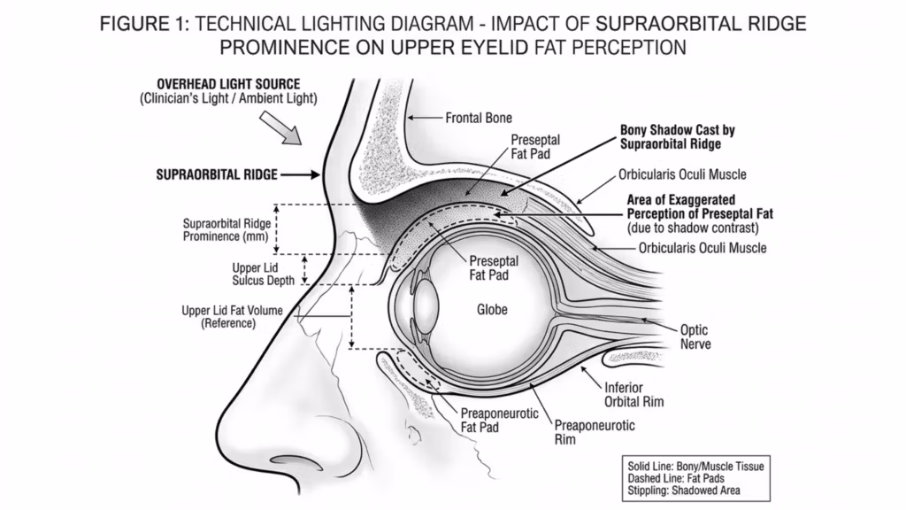 A clear, black-and-white medical illustration titled 'FIGURE 1: TECHNICAL LIGHTING DIAGRAM - IMPACT OF SUPRAORBITAL RIDGE PROMINENCE ON UPPER EYELID FAT PERCEPTION'. The diagram depicts a sagittal cross-section view of the human eye and surrounding orbital anatomy. It uses precise line art to label anatomical structures such as the frontal bone, supraorbital ridge, preseptal fat pad, orbicularis oculi muscle, and the globe of the eye. A large arrow indicates an 'OVERHEAD LIGHT SOURCE,' showing how the prominence of the supraorbital ridge casts a shadow over the upper eyelid, creating an 'Area of Exaggerated Perception of Preseptal Fat' due to shadow contrast. The diagram includes a legend explaining that solid lines represent bone/muscle tissue, dashed lines represent fat pads, and stippling represents shadowed areas. It is a clean, academic, high-contrast illustration suitable for clinical education.