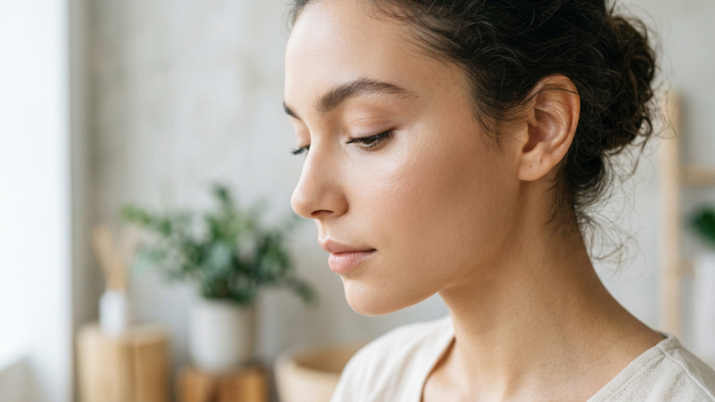 A high-resolution, professional portrait captured with an 85mm prime lens, exhibiting the hallmark clarity of DSLR photography with a shallow depth of field that softly blurs the background. The lighting is diffused and natural, emanating from the side to elegantly contour the subject’s refined profile, accentuating her sharp jawline and graceful neck. The woman, with her hair pulled back into a minimalist bun, projects an aura of serene introspection. Her skin texture is rendered with exquisite detail, appearing dewy and luminescent, highlighting natural hydration and a subtle, healthy glow. She wears a neutral-toned, soft-textured garment that complements the minimalist aesthetic. The composition is intimate and focused, set against a softly lit, modern interior with an out-of-focus plant, creating a tranquil, sophisticated atmosphere.