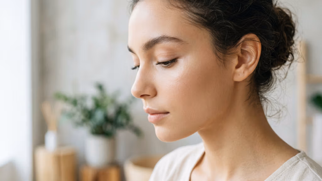 A high-resolution, professional portrait captured with an 85mm prime lens, exhibiting the hallmark clarity of DSLR photography with a shallow depth of field that softly blurs the background. The lighting is diffused and natural, emanating from the side to elegantly contour the subject’s refined profile, accentuating her sharp jawline and graceful neck. The woman, with her hair pulled back into a minimalist bun, projects an aura of serene introspection. Her skin texture is rendered with exquisite detail, appearing dewy and luminescent, highlighting natural hydration and a subtle, healthy glow. She wears a neutral-toned, soft-textured garment that complements the minimalist aesthetic. The composition is intimate and focused, set against a softly lit, modern interior with an out-of-focus plant, creating a tranquil, sophisticated atmosphere.