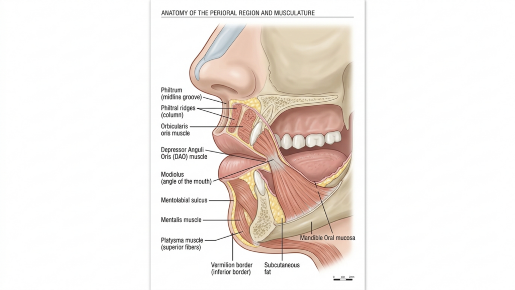A highly detailed, professional medical illustration titled 'ANATOMY OF THE PERIORAL REGION AND MUSCULATURE' presented on a clean white background. The image, which mimics high-resolution technical medical photography, uses a precise 100mm macro-style perspective to capture the sagittal cross-section of the human lower face. The lighting is clinical and uniform, employing soft, shadowless diffuse illumination to clearly define anatomical structures without harsh contrast. The composition focuses exclusively on the complex muscular and skeletal architecture surrounding the mouth, including the orbicularis oris, depressor anguli oris, and mentalis muscles. The rendering exhibits hyper-realistic textures, highlighting the varying densities of subcutaneous adipose tissue, the mucosal lining of the oral cavity, and the porous bone structure of the mandible. With a clear, editorial layout and precise labeling, the image serves as an academic anatomical reference, executed with scientific accuracy and high-fidelity digital precision.