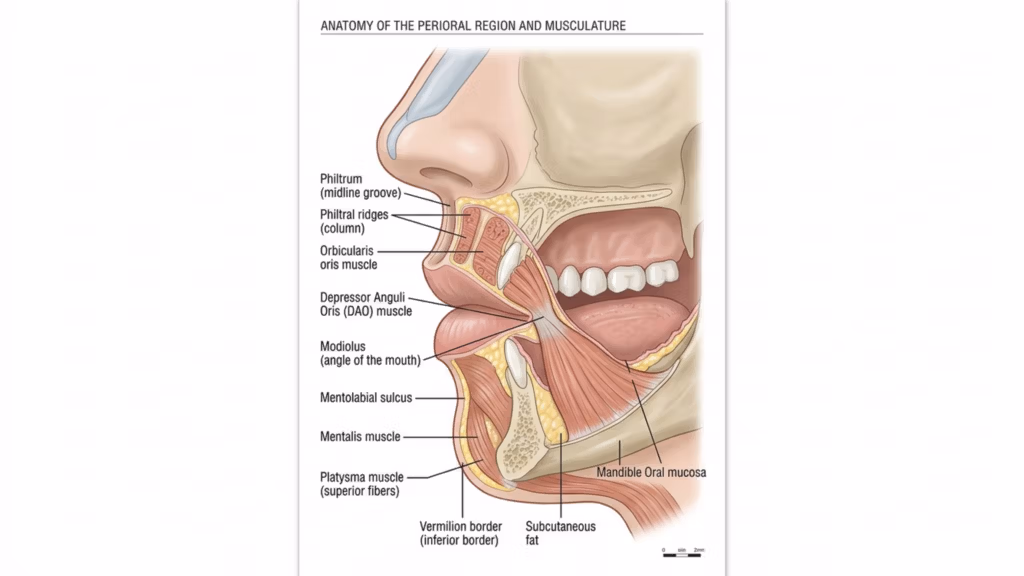A highly detailed, professional medical illustration titled 'ANATOMY OF THE PERIORAL REGION AND MUSCULATURE' presented on a clean white background. The image, which mimics high-resolution technical medical photography, uses a precise 100mm macro-style perspective to capture the sagittal cross-section of the human lower face. The lighting is clinical and uniform, employing soft, shadowless diffuse illumination to clearly define anatomical structures without harsh contrast. The composition focuses exclusively on the complex muscular and skeletal architecture surrounding the mouth, including the orbicularis oris, depressor anguli oris, and mentalis muscles. The rendering exhibits hyper-realistic textures, highlighting the varying densities of subcutaneous adipose tissue, the mucosal lining of the oral cavity, and the porous bone structure of the mandible. With a clear, editorial layout and precise labeling, the image serves as an academic anatomical reference, executed with scientific accuracy and high-fidelity digital precision.