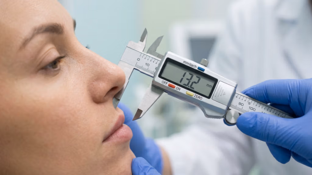 A high-resolution, clinical close-up captured with a 100mm macro lens, showcasing a precision aesthetic evaluation. The composition centers on a patient's facial profile as a medical professional, adorned in vibrant blue nitrile gloves, utilizes a digital vernier caliper to precisely measure the philtrum length. The optical focus is razor-sharp on the caliper’s LED display, which clearly reads '13.2 mm', while the subject’s skin exhibits natural texture with soft, diffused clinical lighting that minimizes shadows and emphasizes a clean, professional atmosphere. The background is softly blurred, typical of a professional medical or cosmetic clinic, focusing all attention on the technical accuracy and sterile environment of the procedure. The image maintains a 4K standard with crisp, clear rendering of the stainless steel instrument and the subject's subtle, natural skin topography.