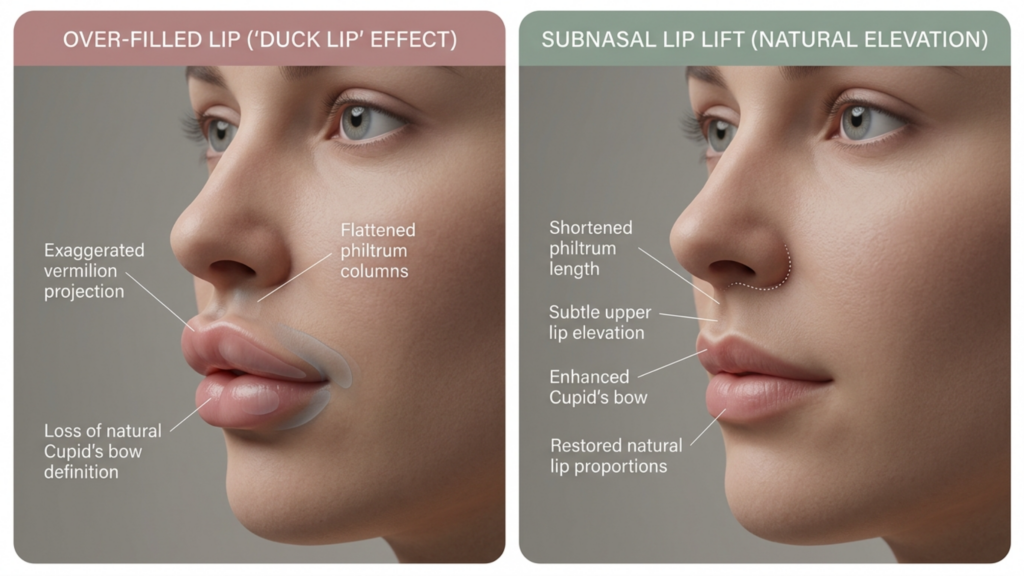 A clinical comparative infographic featuring a high-fidelity 4K digital portrait of a woman in profile view. The image is captured with a macro lens, showcasing a shallow depth of field that keeps the focus sharply on facial features, reminiscent of professional DSLR clinical photography. The lighting is soft and diffused, creating subtle shadows that define the facial contour without harshness, highlighting the skin's realistic texture with fine pores and a natural, matte luminescence. On the left, the subject exhibits an 'over-filled lip' with exaggerated vermilion projection and a flattened philtrum, while the right side displays a 'subnasal lip lift' result, characterized by a shortened philtrum, subtle upper lip elevation, an enhanced Cupid’s bow, and restored natural proportions. The composition is clean and educational, set against a neutral, minimalist grey background, emphasizing a balanced, scientific aesthetic. The focus is entirely on the anatomical precision of the lip augmentation comparison, devoid of clothing or complex textures, maintaining a clinical, professional, and informative atmosphere.