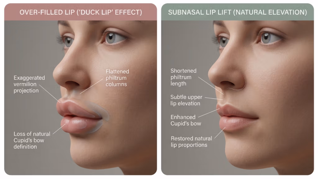 A clinical comparative infographic featuring a high-fidelity 4K digital portrait of a woman in profile view. The image is captured with a macro lens, showcasing a shallow depth of field that keeps the focus sharply on facial features, reminiscent of professional DSLR clinical photography. The lighting is soft and diffused, creating subtle shadows that define the facial contour without harshness, highlighting the skin's realistic texture with fine pores and a natural, matte luminescence. On the left, the subject exhibits an 'over-filled lip' with exaggerated vermilion projection and a flattened philtrum, while the right side displays a 'subnasal lip lift' result, characterized by a shortened philtrum, subtle upper lip elevation, an enhanced Cupid’s bow, and restored natural proportions. The composition is clean and educational, set against a neutral, minimalist grey background, emphasizing a balanced, scientific aesthetic. The focus is entirely on the anatomical precision of the lip augmentation comparison, devoid of clothing or complex textures, maintaining a clinical, professional, and informative atmosphere.